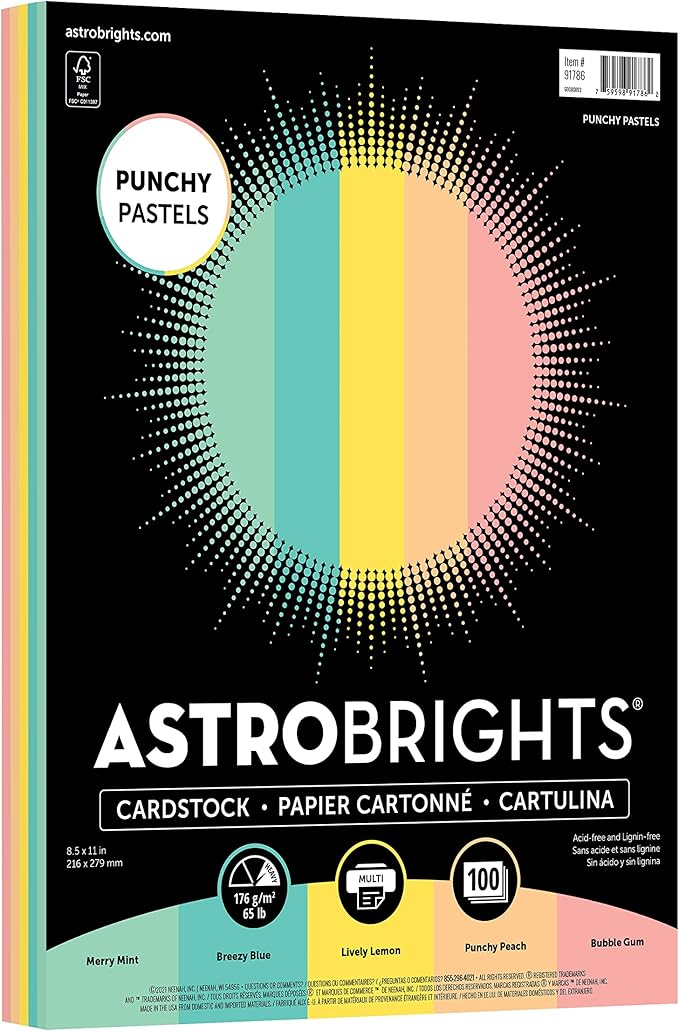 Astrobrights Punchy Pastel Assortment Cardstock, 8.5" x 11", 65 lb. 5-Color Assortment, 100 Sheets (91786)