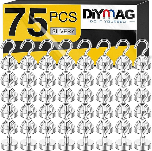 DIYMAG Magnetic Hooks, 30Lbs Strong Heavy Duty Cruise Magnet (75 Pack-Silver),Magnet S-Hooks for Classroom, Fridge, Hanging, Cabins, Grill, Kitchen, Garage, Workplace and Office etc