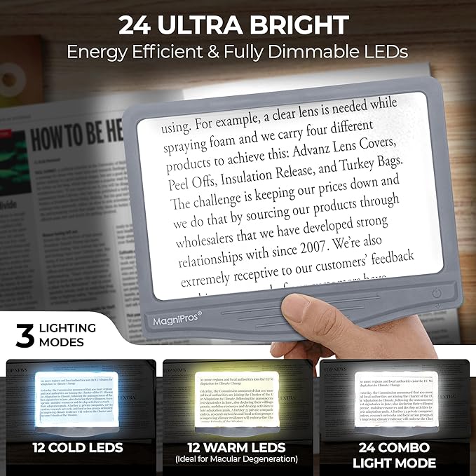 MAGNIPROS 5X [Rechargeable] LED Page Magnifier | 3 Stepless Color Light Modes | Foldable & Detachable HandsFree Stand for Easy Reading Fine Print & Crafting | Perfect for Low Vision, Seniors, Hobbyist