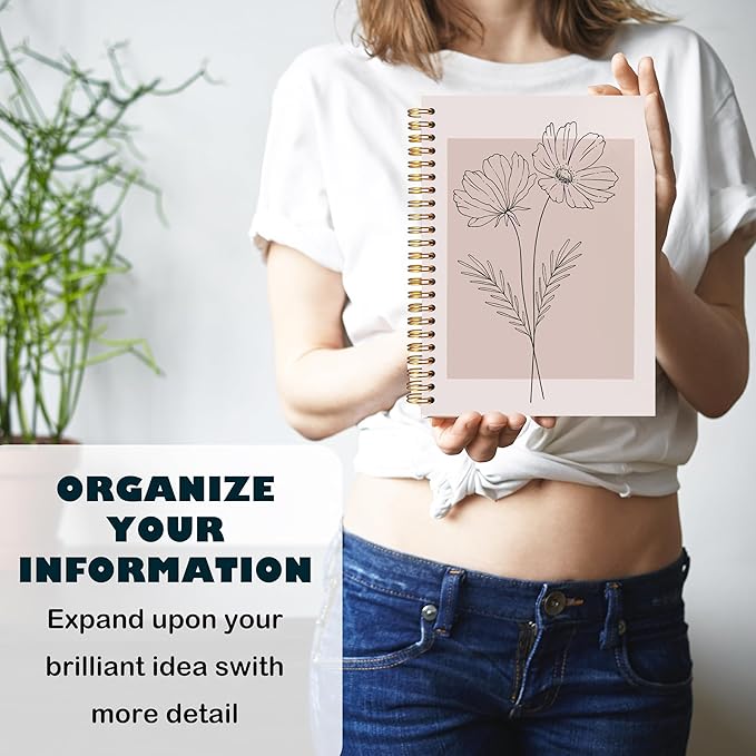 BearCake Pink Boho Floral Notebook Journal for Women, Minimalist Boho Floral Notebook,Hardcover Spiral Journal Notebook 5.5x8.3