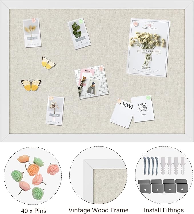 Cork Board Bulletin Board 18" x 24", 2-Pack Large Linen Corkboards with Frame for Walls, Cute Picture Display Pin Board Vision Board for Room School Office Bedroom 40 Pushpins Vintage White