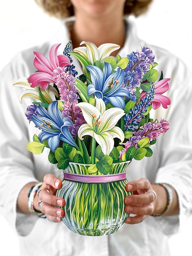 Freshcut Paper Pop Up Cards, Lilies & Lupines 12 inch Paper Flower Bouquet Greeting Cards with Blank Note Card & Envelope, Birthday Gifts for Women