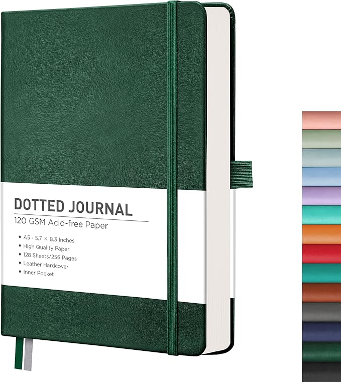RETTACY Bullet Dotted Journal Notebook, 256 Pages, A5 Medium Size (5.7'' × 8.3''), Leather Hardcover, 120 GSM Thick Paper, for Bullet Journaling, Planning, Tracking (Dark Green)