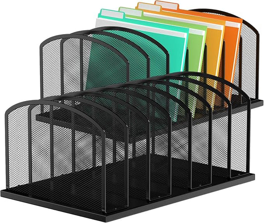 Desk File Organizer 7 Sections Upright Mesh File Sorter Organizer for Desk, Office Organization File Holder for Home, Office & Classroom (Black, 2Pack)