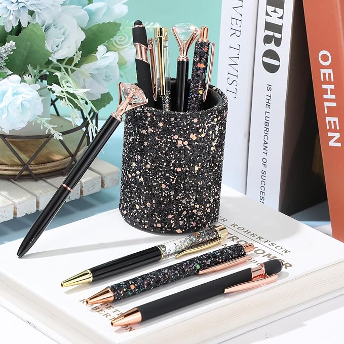 Sabary 8 Pcs Ballpoint Pens with Pen Holder for Desk Glitter Crystal Diamond Fancy Pencil Holder Bling Desk Organizer Cute Office Supplies for Women Girls Valentines Birthday Gifts(Black)