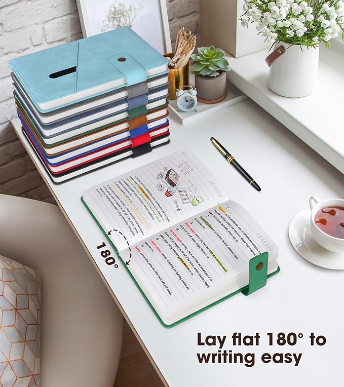 Green A5 Lined Leather Journal Notebook for Men Women,5.9" X 8.4" Personalized Hardcover Journal with Pen,200 Pages 100 Gsm Thick Ruled Paper Daily Diary for School,Travel,Work,Writing