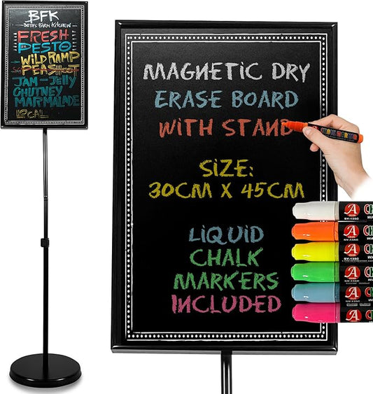 ABRYLX Magnetic Chalkboard Sign with Adjustable Aluminum Pedestal Stand - 30x45cm Black Chalk Board for Weddings, Restaurants, and Events Stand with 6 Liquid Chalk Markers Included
