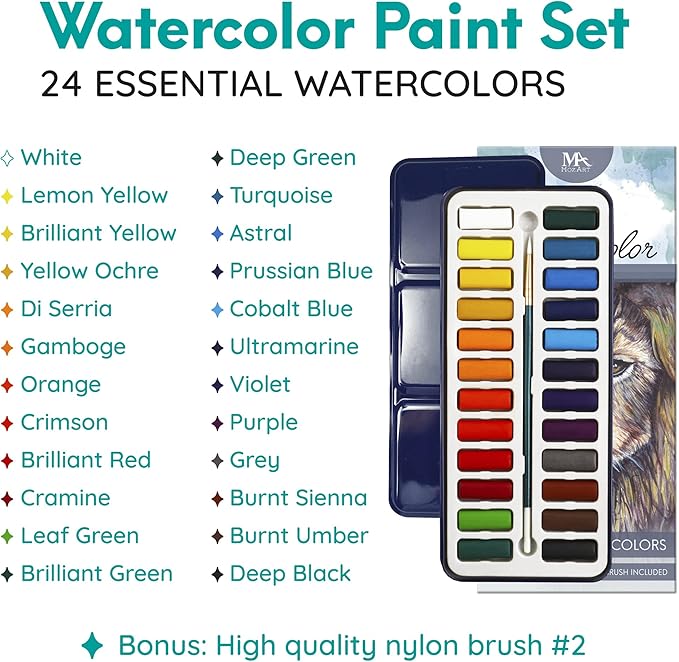 MozArt Supplies Watercolor Paint Essentials Set - Lightweight and Portable Metal Box - Lid Has 3 Partitions for Color Mixing - Easy-to-Blend Non-Toxic Formulation - 24 Vibrant Colors with Paintbrush