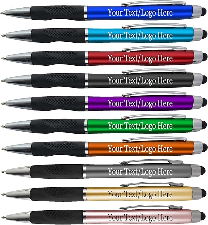 Personalized Pens With your Custom Logo or Text-300 Pack Bulk-for Businesses, Parties, and Events, 2 in 1 Ballpoint Pen + Capacitive Stylus for Touchscreen Devices, Orange Barrel, Blue Ink