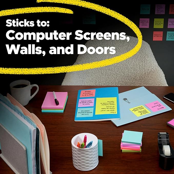 Post-it Super Sticky Notes, 24 Sticky Note Pads, 3 x 3 in., School Supplies, Office Products, Sticky Notes for Vertical Surfaces, Monitors, Walls and Windows, Canary Yellow