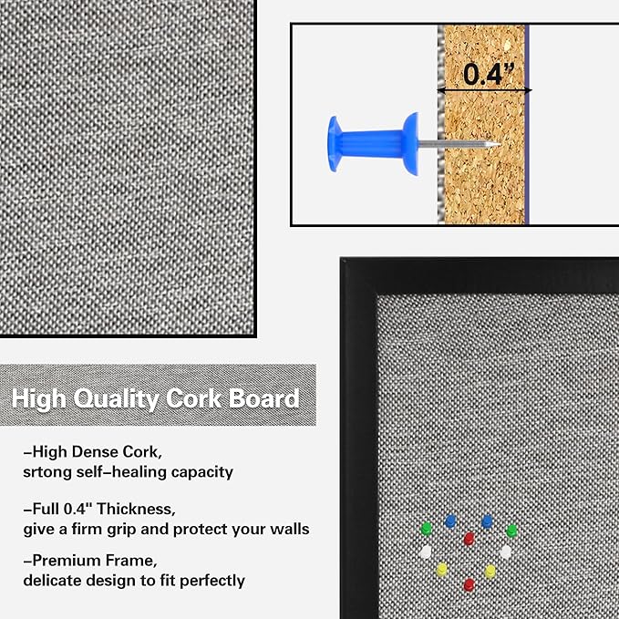 SHANTRA 36 x 24 Inch Bulletin Board with Grey Fabric, Wood Framed Canvas Cork Board, Corkboard for Walls with 10 Pins, Decorative Vision Board, Wall Mounted Notice Board for Home, Office, School