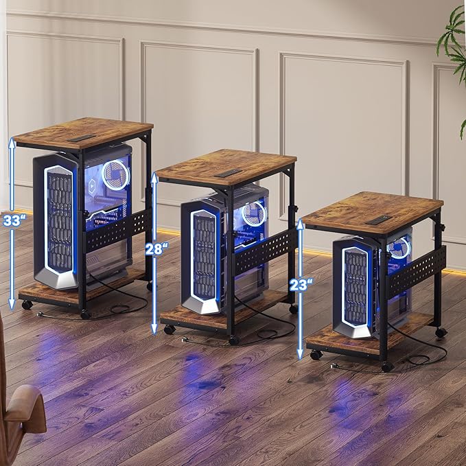 Computer Tower Stand with Power Strips, Height Adjustable PC Tower Stand/Cart with Wheels, Mobile Rolling CPU Holder, Computer Cart Side Stand for Computer Desk, 24", Rustic Brown