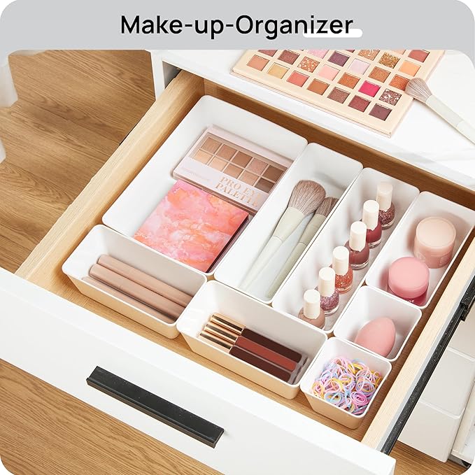 Vtopmart 25 PCS Plastic Drawer Organizers Set, 4-Size Versatile Bathroom and Vanity Drawer Organizer Trays, Storage Bins for Makeup, Bedroom, Kitchen Gadgets Utensils and Office
