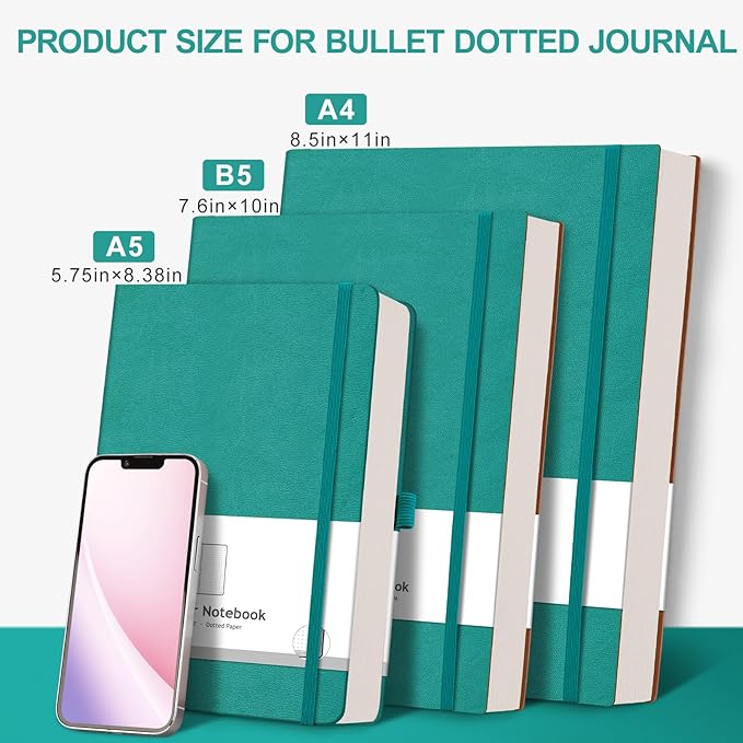 AHGXG Bullet Dotted Journal - Large A4 Notebook Dotted, 8.5''×11'', 320 Pages Dot Grid Notebook, 100gsm Thick Paper, Leather Softcover, with Journal Stencils, Inner Pocket - Cyan