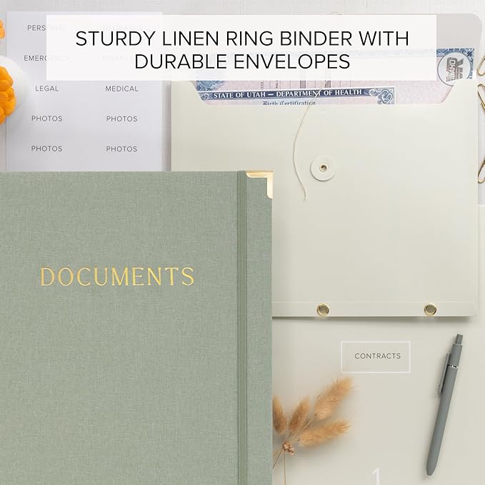 Aesthetic Document Organizer - Sturdy Linen 3-Ring Binder Safely Stores All Your Important Documents and Files in One Place - Easy to Use Expanding Storage Folder Incl. Envelopes, Pockets & Labels