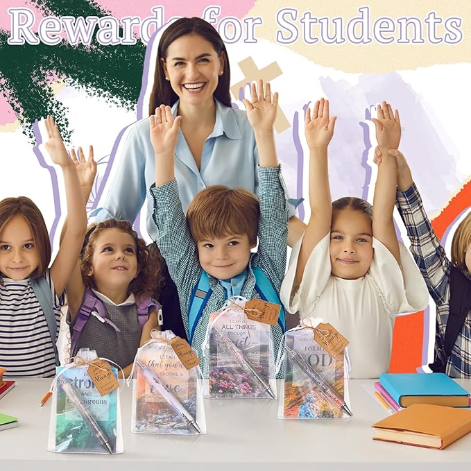 200 Pcs Bible Verse Sets Church Christian Gift Include 50 Scripture Notebooks 50 Bible Bamboo Pens 50 Thanks Tags 50 Organza Bags for Women Man Christian Party Gifts(Bright Color,Scenery)