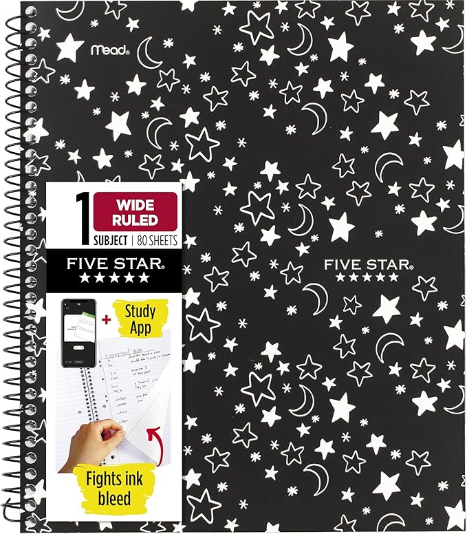 Five Star Spiral Notebook + Study App, 1 Subject, Wide Ruled, 8" x 10-1/2", 80 Sheets, Fights Ink Bleed, Water Resistant Cover, Black Stars Glow in the Dark (930020F)