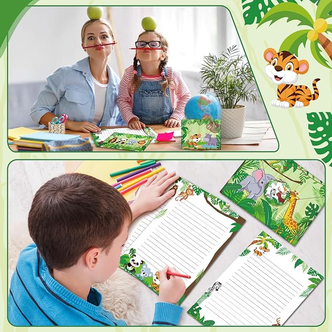 TaoBary 160 Packs Stationery Paper Set (50 Double Sided Stationery Writing Papers 50 Matching Envelopes) 60 Round Dot Sticker, 10 Design(Safari Animal,5.5 x 8.25 Inch)
