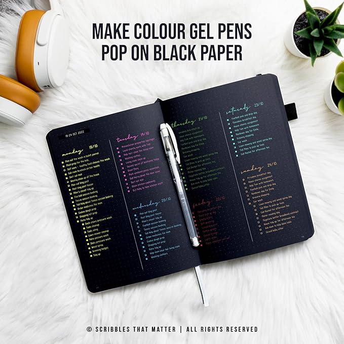 Black Paper Bullet Dotted Journal Notebook | A5 Starry Night by Scribbles That Matter | Free white gel pen | 160gsm Blackout no-bleed dot grid paper | For Men and Women | 5.75 x 8.5 in | Black