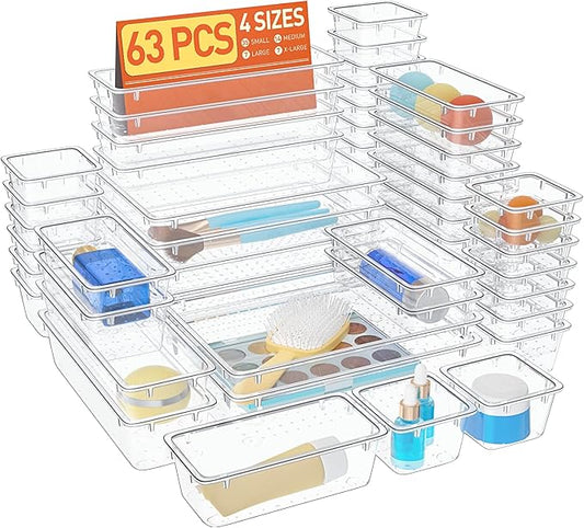 63 PCS Clear Plastic Drawer Organizers Set, 4-Size Versatile Bathroom and Vanity Organizer Trays, Non-Slip Storage Containers for Makeup, Jewelries, Bedroom，Kitchen Utensils and Office