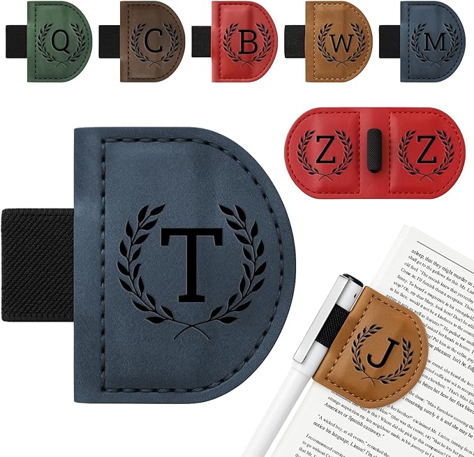 Personalized Bygone Mark Bookmark with Pen Holder,Engraving Leather Magnetic Bookmarks Vintage 26 Letters Name Initials Text Book Marker Clips Gifts for Reading Book Lovers Women (Blue, T)