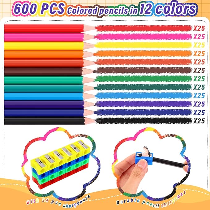 600 Count Colored Pencils Bulk, 12 Assorted Colors, 50 Packs Pre-sharpened Colored Pencils Back to School Supplies Aesthetic Kit for Kindergarten Preschool, with 24 Pcs Sharpeners