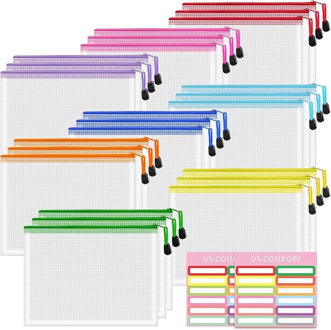 24pcs Mesh Zipper Pouch Bags, A5 9.4x7.1 Inches, 8 Colors, Organizing Pouches for Classroom, Home, Office & Puzzle Storage
