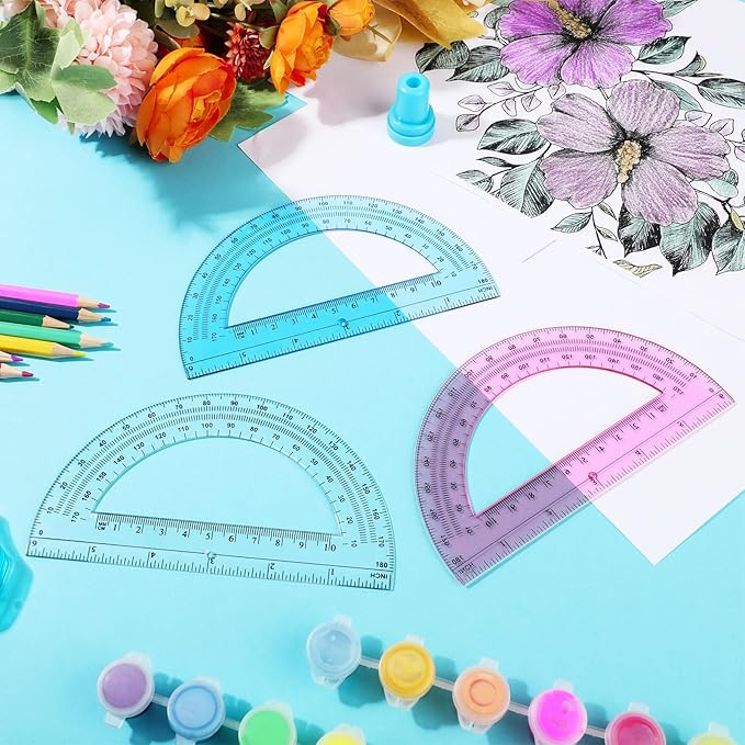 Zonon 36 Pack 6 Inch Plastic Protractor Back to School Protractors 180 Degrees Pink Blue Clear Protractors for Classroom Math Teacher Student Office Supplies