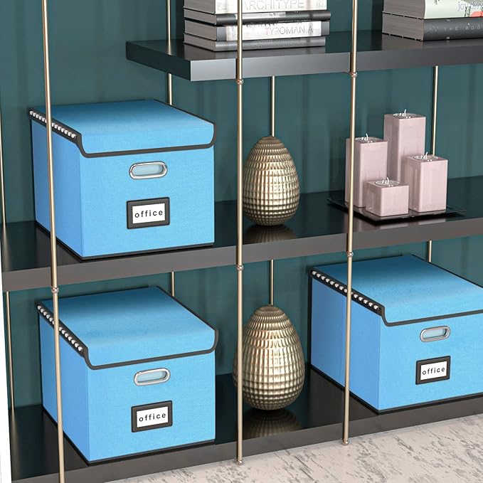 Huolewa Portable File Organizer Box Office Document Storage with Lid, Linen Hanging Filing Storage Boxes, Decorative Home/Office Filing System for File and Folders Storage (Sky-blue)