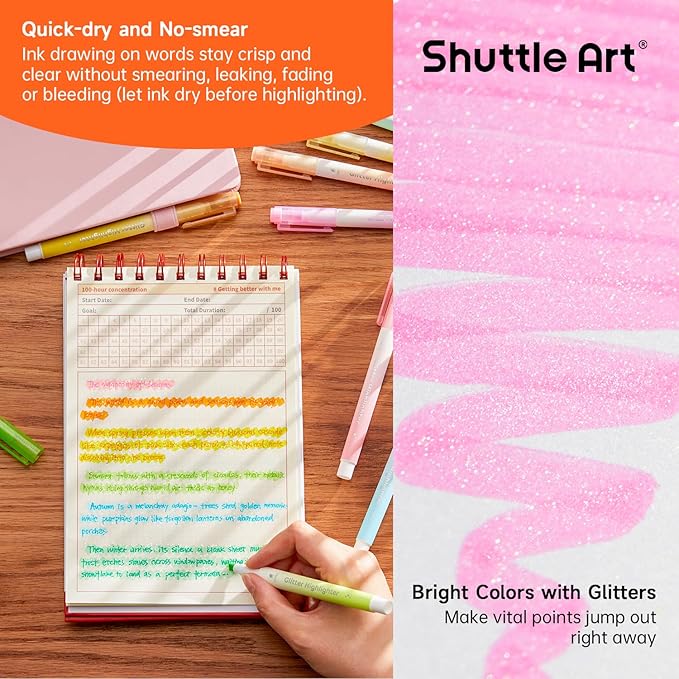 Glitter Highlighters, Shuttle Art 10 Sparkle Colors Chisel Tip Fluorescent Markers, Quick-Dry Non-Toxic Aesthetic Shimmer Highlighter Pens for Kids Teens Adults, Perfect for School Office Art Supplies