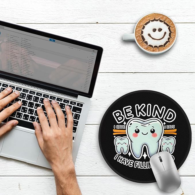 Gctriki Funny Tooth Round Mouse Pad with Stitched Edge Non-Slip Rubber Base, Black Mouse Pad for Gaming Laptop Computer, Cute Home Office Desk Accessories Decor, Be Kind I Have Fillings Too