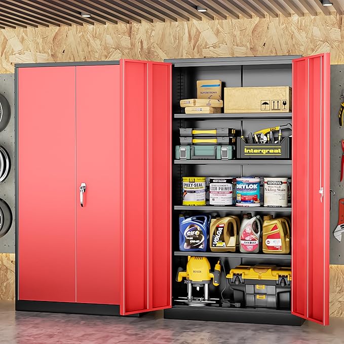 INTERGREAT Metal Lockable Storage Cabinet, 72” H Storage Cabinet with 2 Doors and 4 Adjustable Shelves for Office, Home, Garage, Pantry (Assembly Required, 18”D, Black Red)