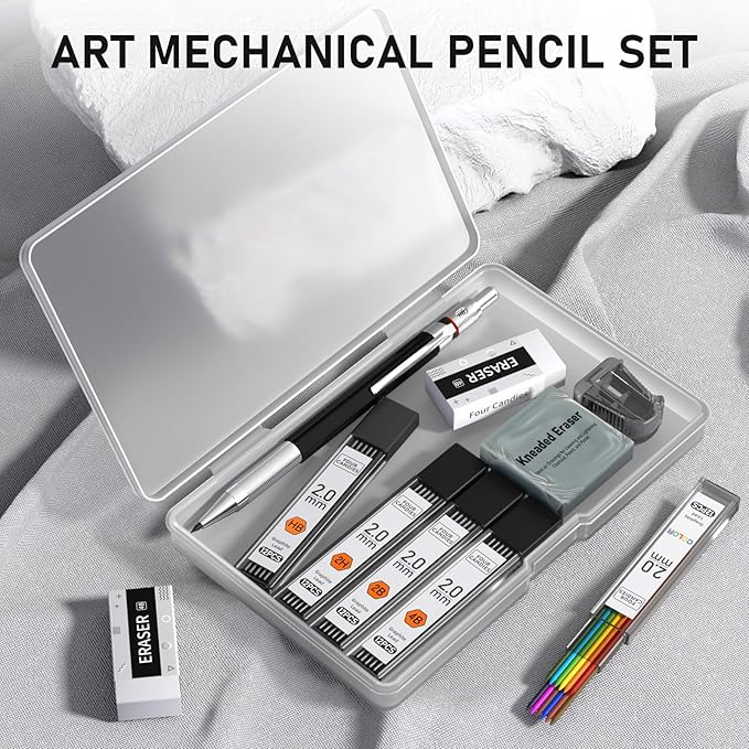 Four Candies 2MM Mechanical Pencil Set with case, Artist Led Pencil Metal Lead Holder with 60PCS Graphite Lead Refill (HB, 2H, 2B, 4B, Color) Kneaded Eraser, Sharpener for Writing, Drawing, Sketching