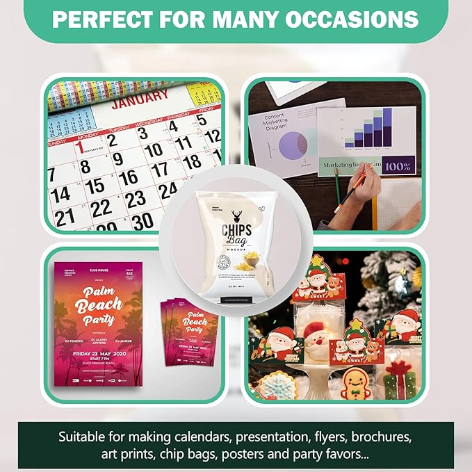 36lb Glossy Photo Paper, 8.5x11, Letter Size, Thin Glossy Photo Paper for Chip Bags, Inkjet, 100 Pack