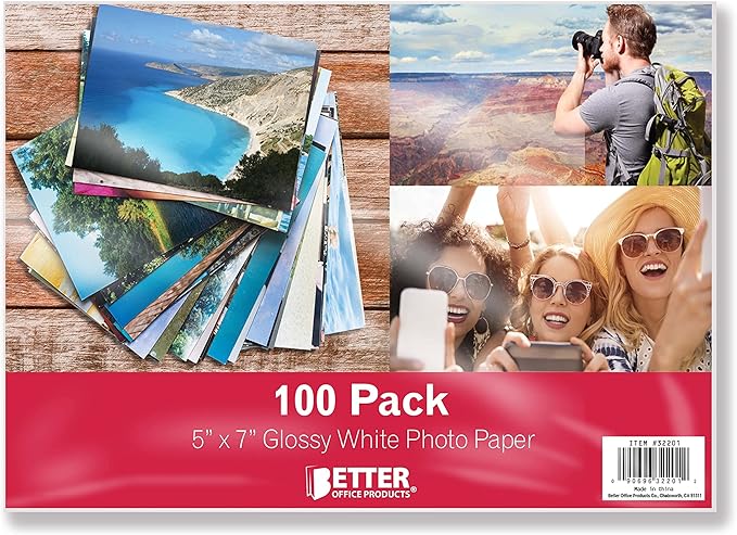 Better Office Products Premium Glossy Photo Paper, 5 x 7 inch, 100 Sheets, 200gsm, 5 x 7, 100-Count Pack