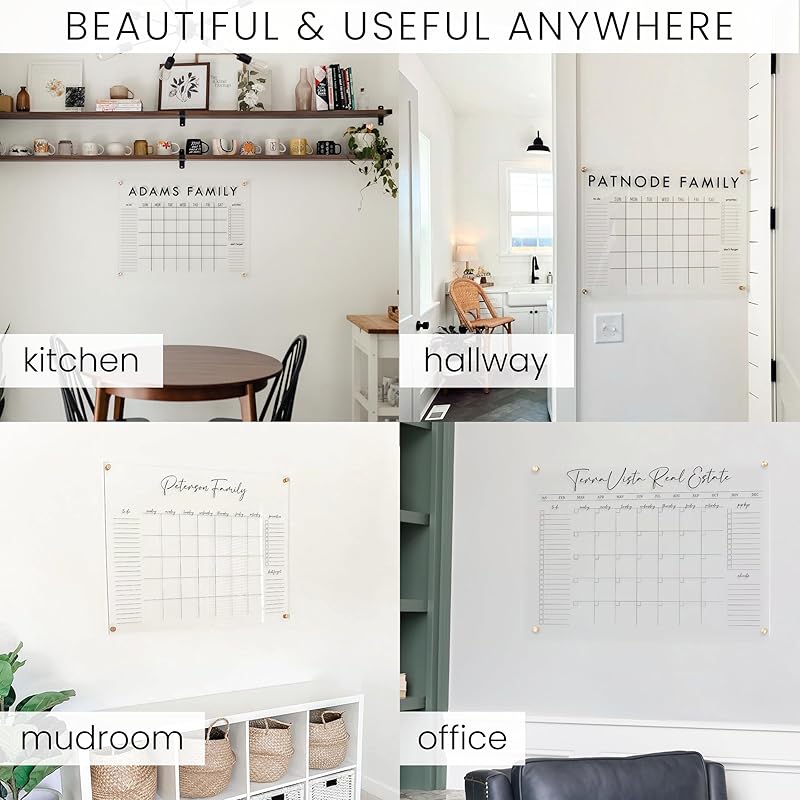 Personalized Clear Acrylic Calendar for Wall, Calendar Whiteboard for Wall, Dry Erase Wall Calendar, Wall Calendar Organizer System for Home (Cursive, Blush, 31"W x 23"H)