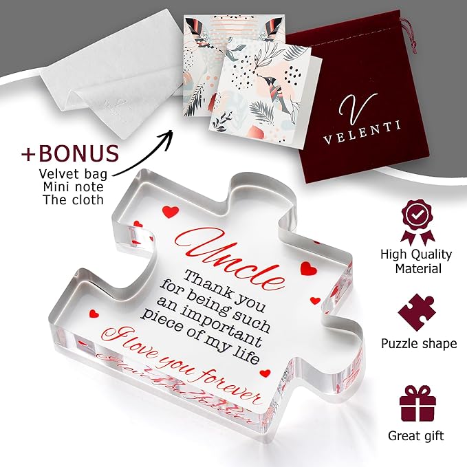 VELENTI Uncle Gifts - Decorative Favorite Uncle Gift - Acrylic Plaque with Red Velvet Bag, Cleaning Cloth, Envelope - Great Birthday Gift, from Niece, Nephew