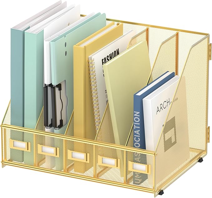 SUPEASY Desk Organizers Metal Desk Magazine File Holder with 5 Vertical Compartments Rack File Organizer for Office Desktop, Home Workspace, Gold