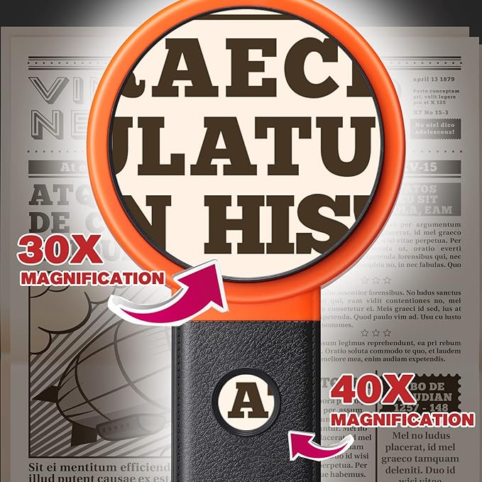 30X 40X Magnifying Glass with Light and Stand, Non-Rechargeable, Folding Design 32 LED Illuminated for Close Work, Handheld Large Glasses Reading, Powered by Battery or USB