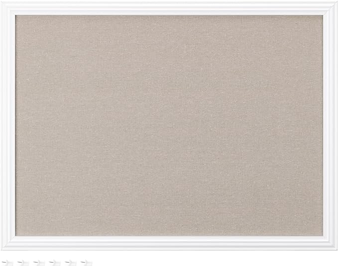 Navaris Framed Linen Bulletin Board - Approx. 58 x 43cm Fabric Jewelry Organizer Pinboard for Wall Memory Memo Pin Board - Natural Linen with White Frame