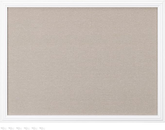 Navaris Framed Linen Bulletin Board - Approx. 58 x 43cm Fabric Jewelry Organizer Pinboard for Wall Memory Memo Pin Board - Natural Linen with White Frame