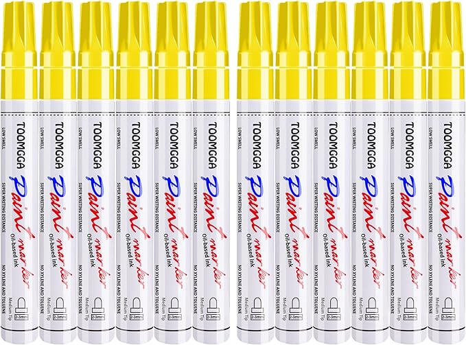 Yellow Permanent Paint Pens Paint Markers - 12 Pack Oil Based Markers, Quick Drying and Waterproof Marker Pen, Car Tire, Metal, Rock Painting, Wood, Ceramic, Plastic, Canvas, Mugs, Medium Tip