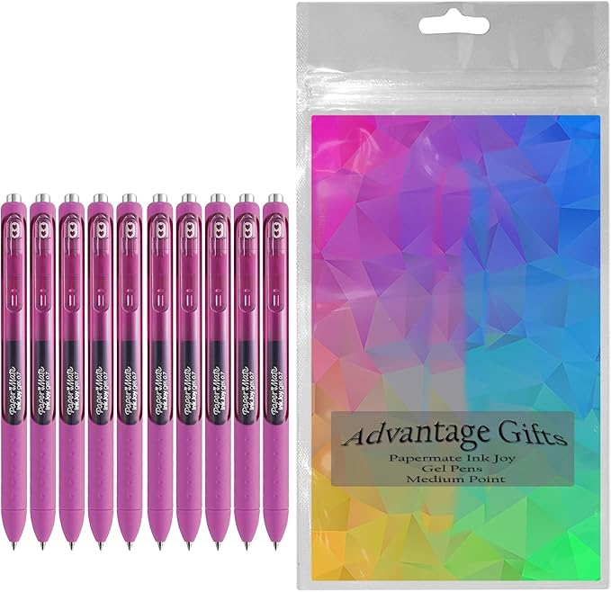 Paper Mate InkJoy Gel Pens, Berry Ink, Medium Point (0.7mm), 10 Count, Bundle with Plastic Reusable Pouch