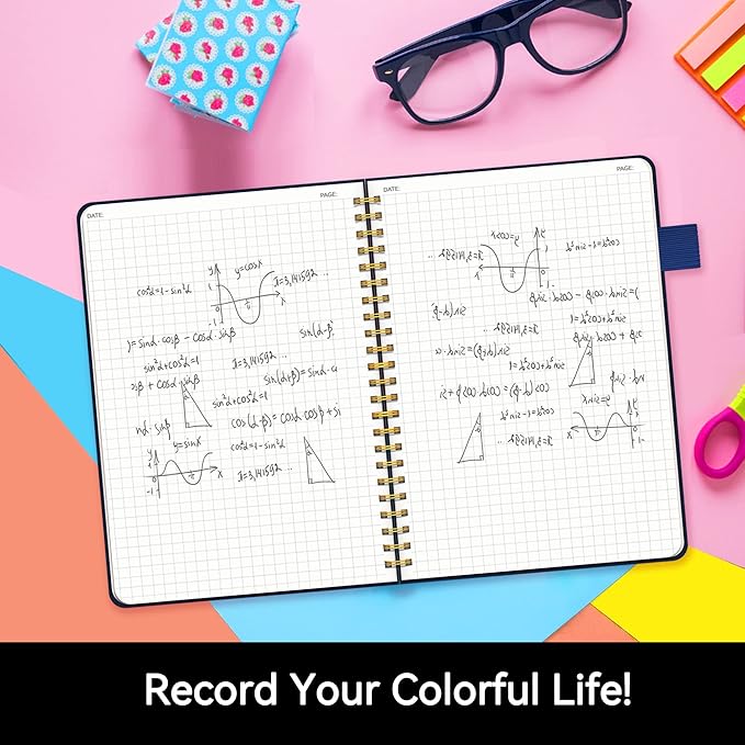 Alltree Large Graph Notebook Journal, Spiral Grid Notebook for Work, Hardcover Spiral Notebook with Pen Loop, Pocket, Stickers, 160 Pages, Journal for Women & Men, Navy Blue(6"x8.5")