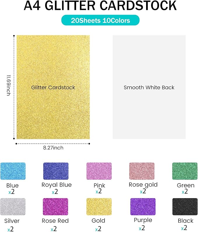 20 Sheets 300GSM HTVRONT Glitter Cardstock Paper - 10 Colors CardStock, A4 Colored Cards Glitter Paper for Craft, Birthday, Scrapbook, Wedding, Sparkly Card, Card Making (Glitter/20 Sheets)
