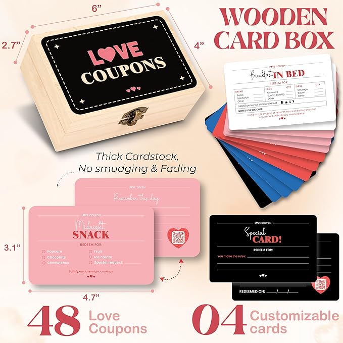 52 Love Coupons for Him - Couples Coupon Book for Boyfriend Husband, Blank Coupon Cards Valentine’s Day Gifts for Girlfriend, Romantic Love Vouchers Cards Box Anniversary Keepsake Gift