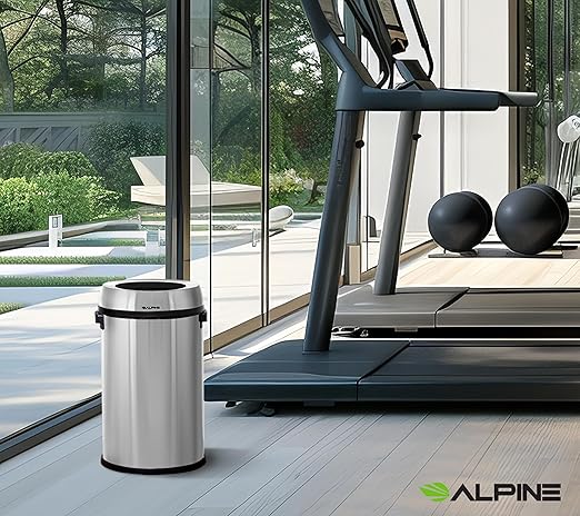 Alpine 17 Gallon Stainless Steel Open Top Trash Can – Commercial-Grade, Corrosion-Resistant, Brushed Finish, Large Capacity Garbage Bin for Home, Office, Restaurant & High-Traffic Areas.