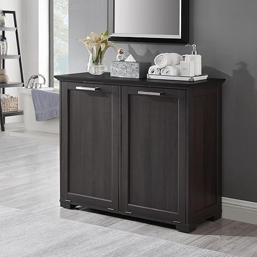 OLD CAPTAIN Double Tilt Out Trash Cabinet, Wooden Kitchen Garbage Can Free Standing Holder (Dark Brown+Black Top Panel)…