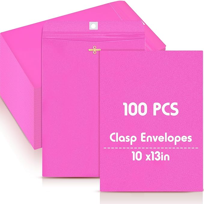 Geyee 100 Pcs Clasp Manilla Envelopes 10 x 13 Inch Gummed Colored Envelopes for Storing or Mailing for Home Office Business Supplies(Rose Pink)