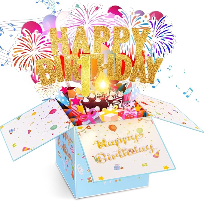Tnvee 1ST Birthday Cards with Lights & Music & Candle, 3D Pop Up Singing Happy Birthday Greeting Cards Gfits for 1 Years Old Girl Boy Daughter Son